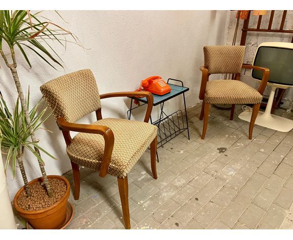 Pair of bridge armchairs in solid wood and velvet circa 1950