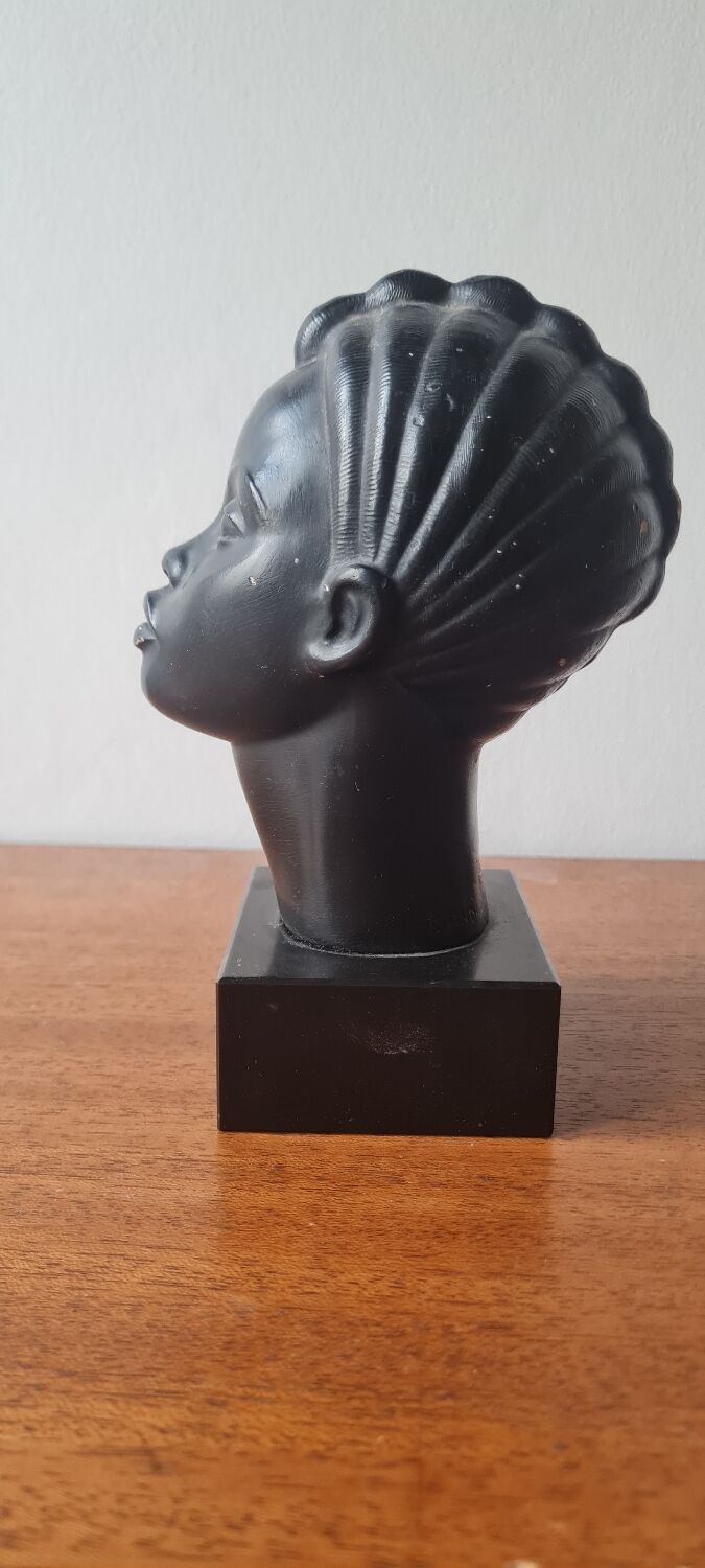 Art deco African woman bust plaster statuette signed Andre C registered