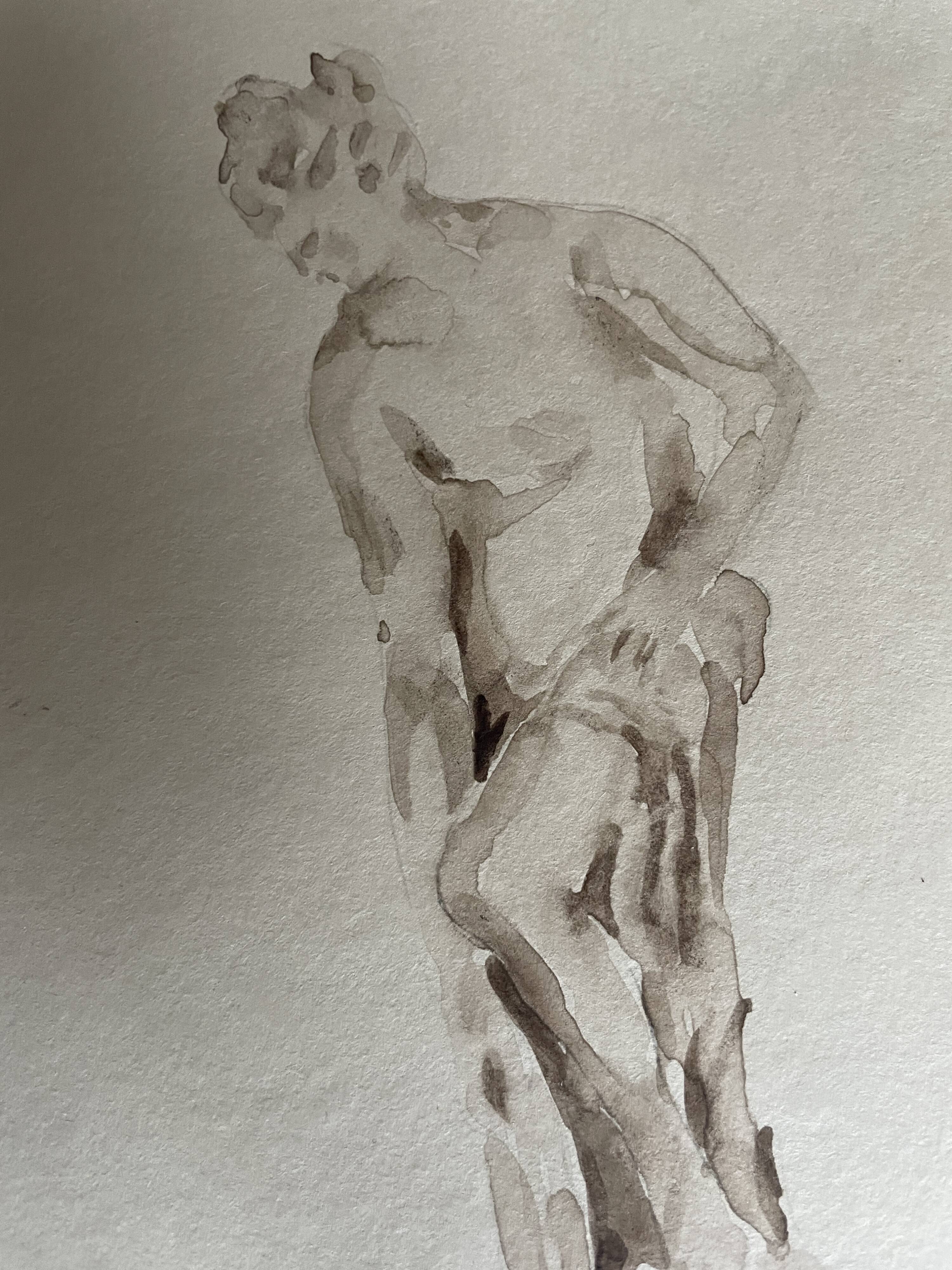 Tableau signé aquarelle monochrome étude dessin statue musée classique « sortie du bain »