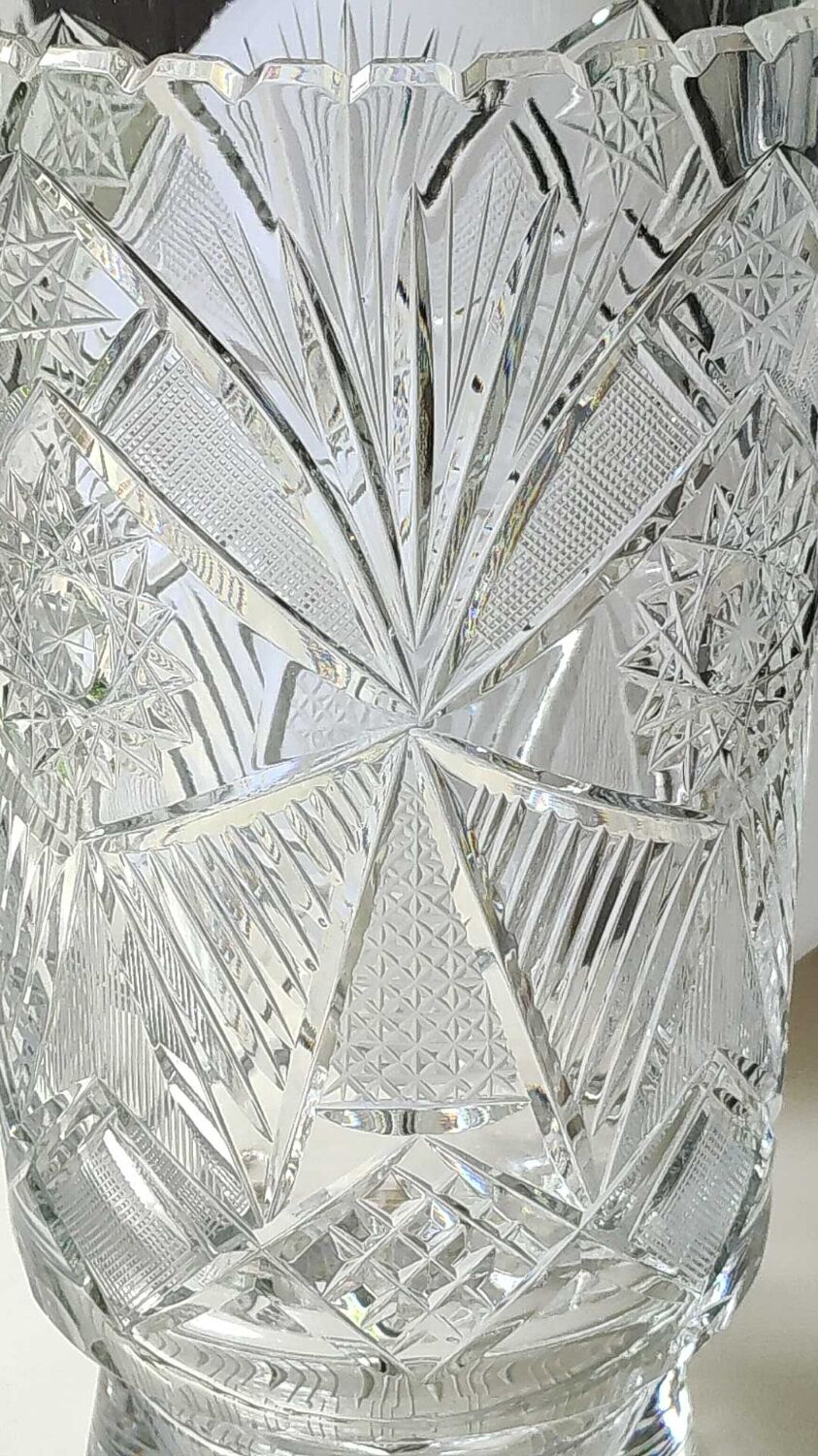 Vintage Bohemian crystal vase, sophisticated, geometric star patterns, high 25 cm