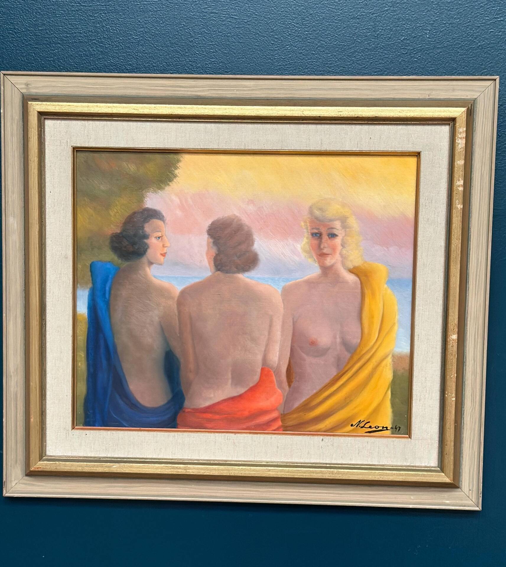 20th Century Oil on Panel – “Three Women” by N. Leon (1947) – Vintage
