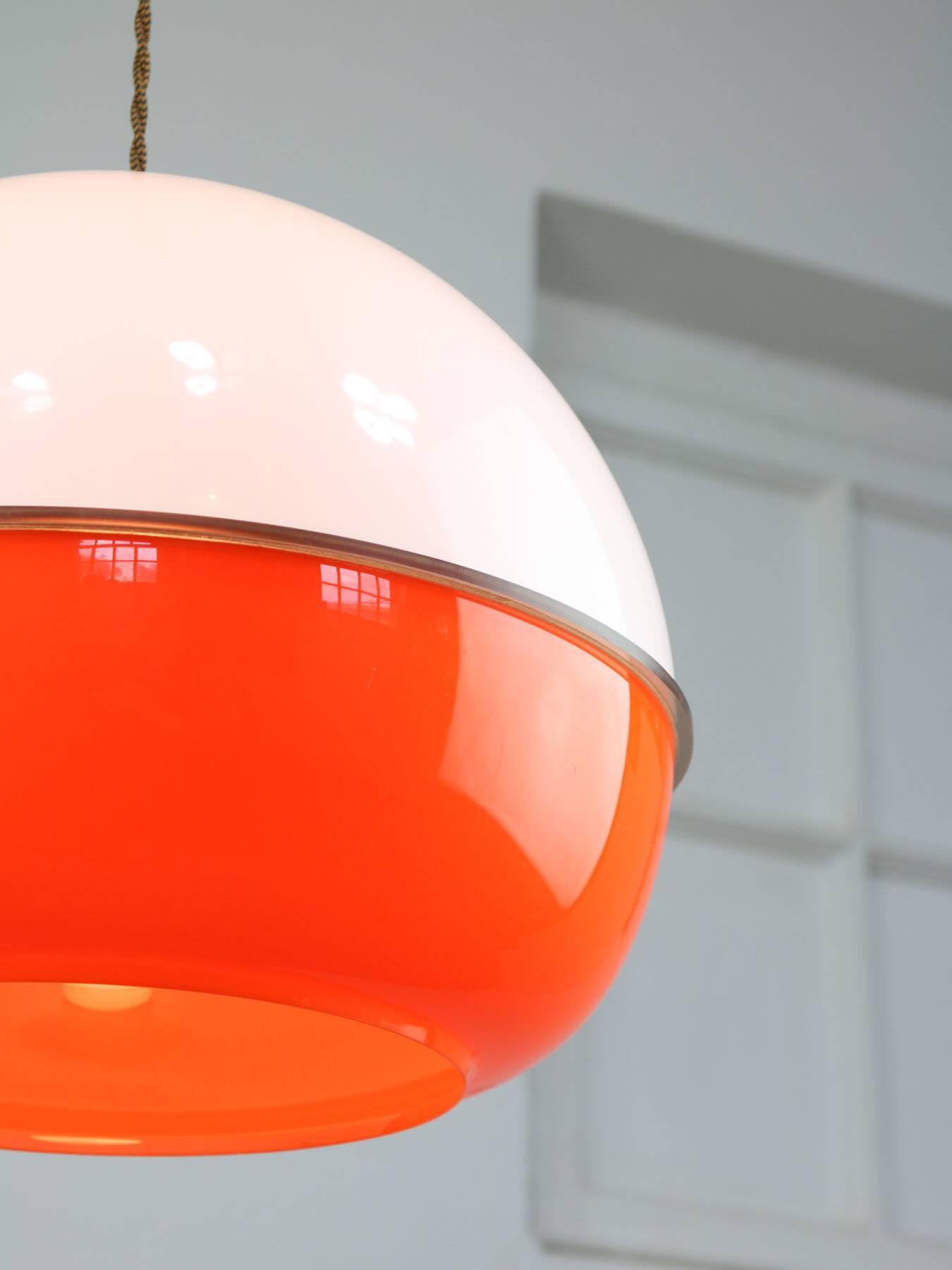 Space Age Italian Orange Plexiglass and Brass Pendant Lamp, 1970s