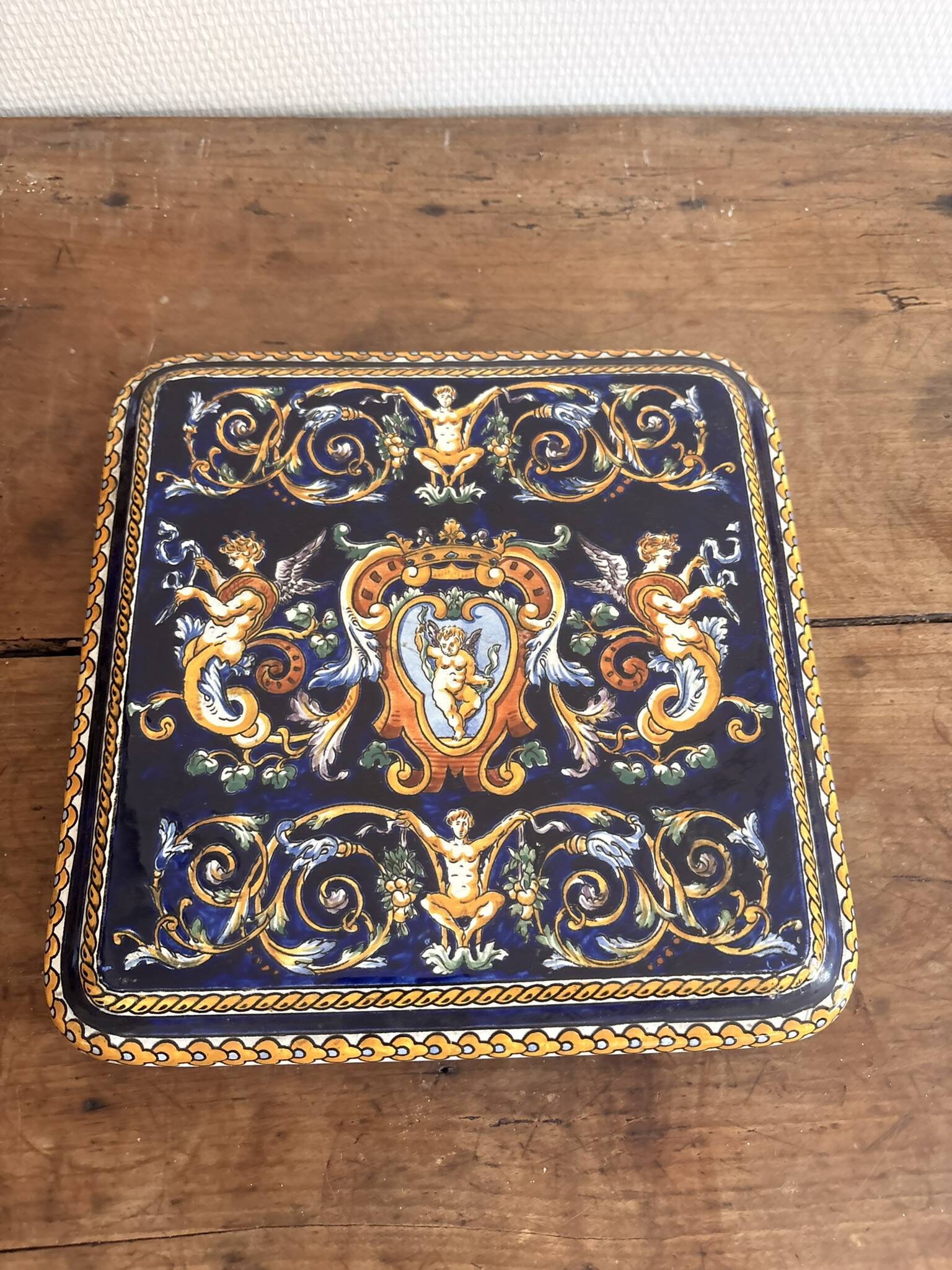 Coaster Earthenware Gien Renaissance Model Angel Cherub Putti Cobalt Blue