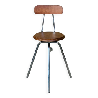 Tabouret vintage industriel en métal et bois avec siège pivotant ajustable, 1960‘s