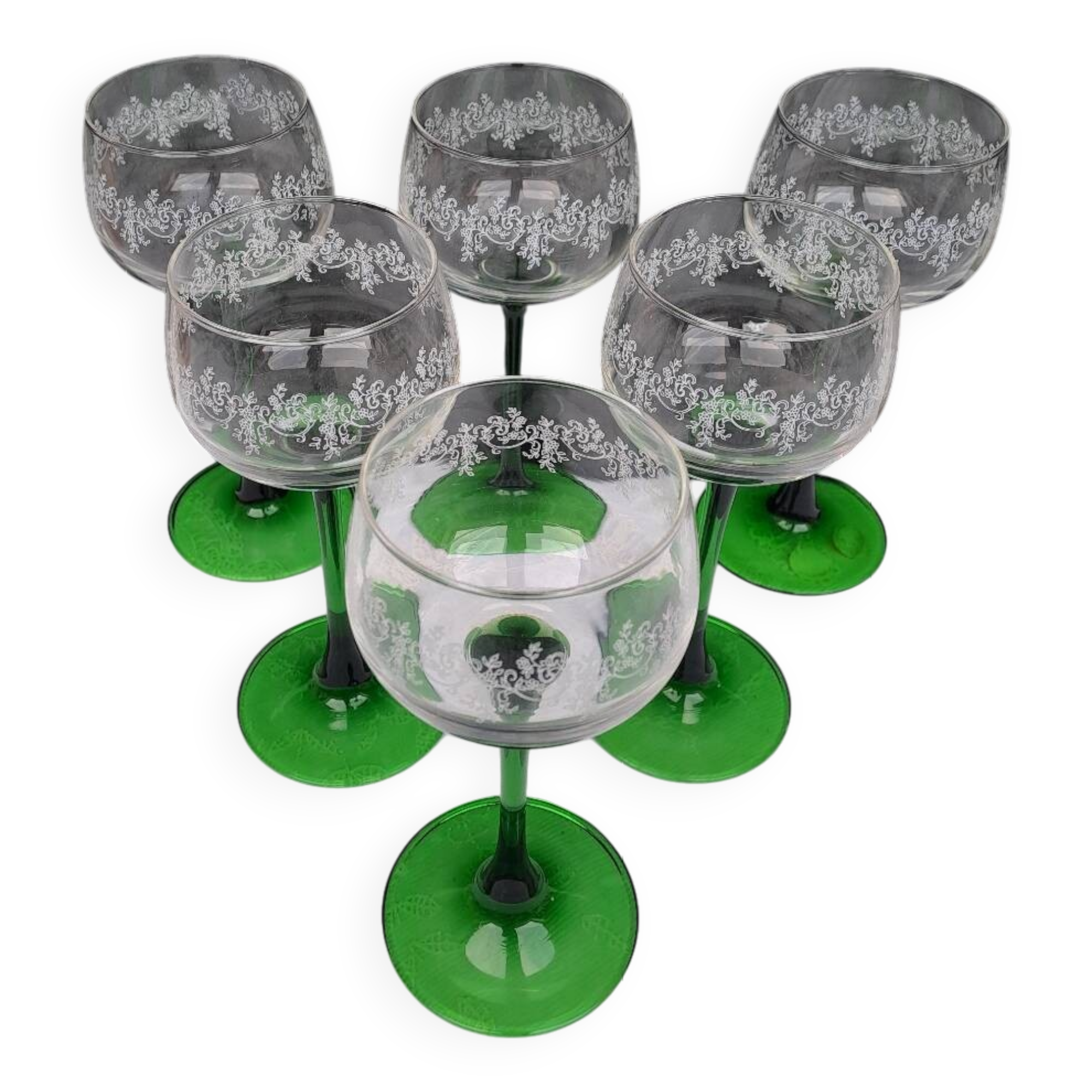 Set of 6 crystal green stemmed white wine glasses
