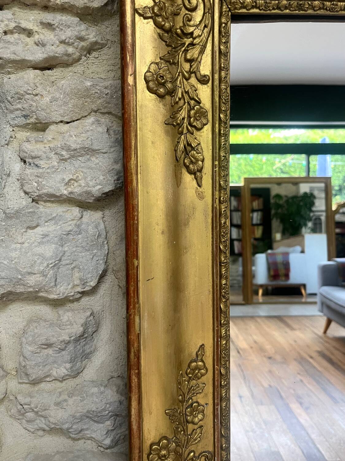 Antique fireplace mirror 144.5cm/131.5cm gold leaf and mercury