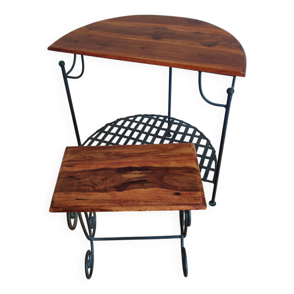 Console Demi-Lune et son tabouret en palissandre et fer forgé