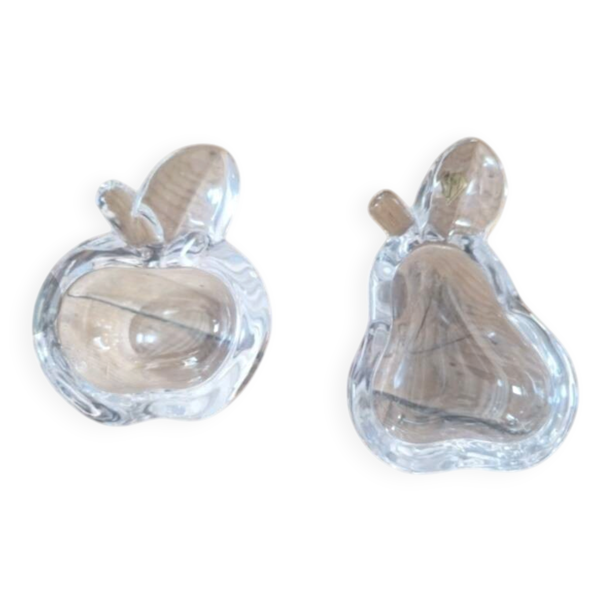 Set of 2 crystal ashtrays in apple and pear shapes.