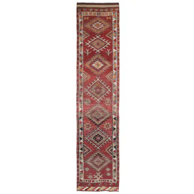 Vintage Turkish Hand-Knotted Wool Cotton Red Runner Rug 83x384