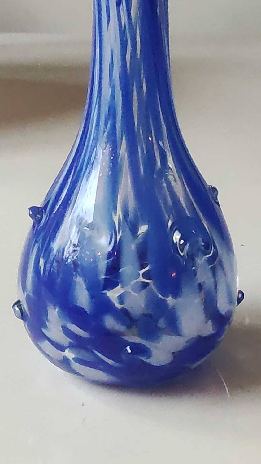 Murano style floral vase. Corolla neck, speckled cobalt blue & white. Dim 24 x 10 cm