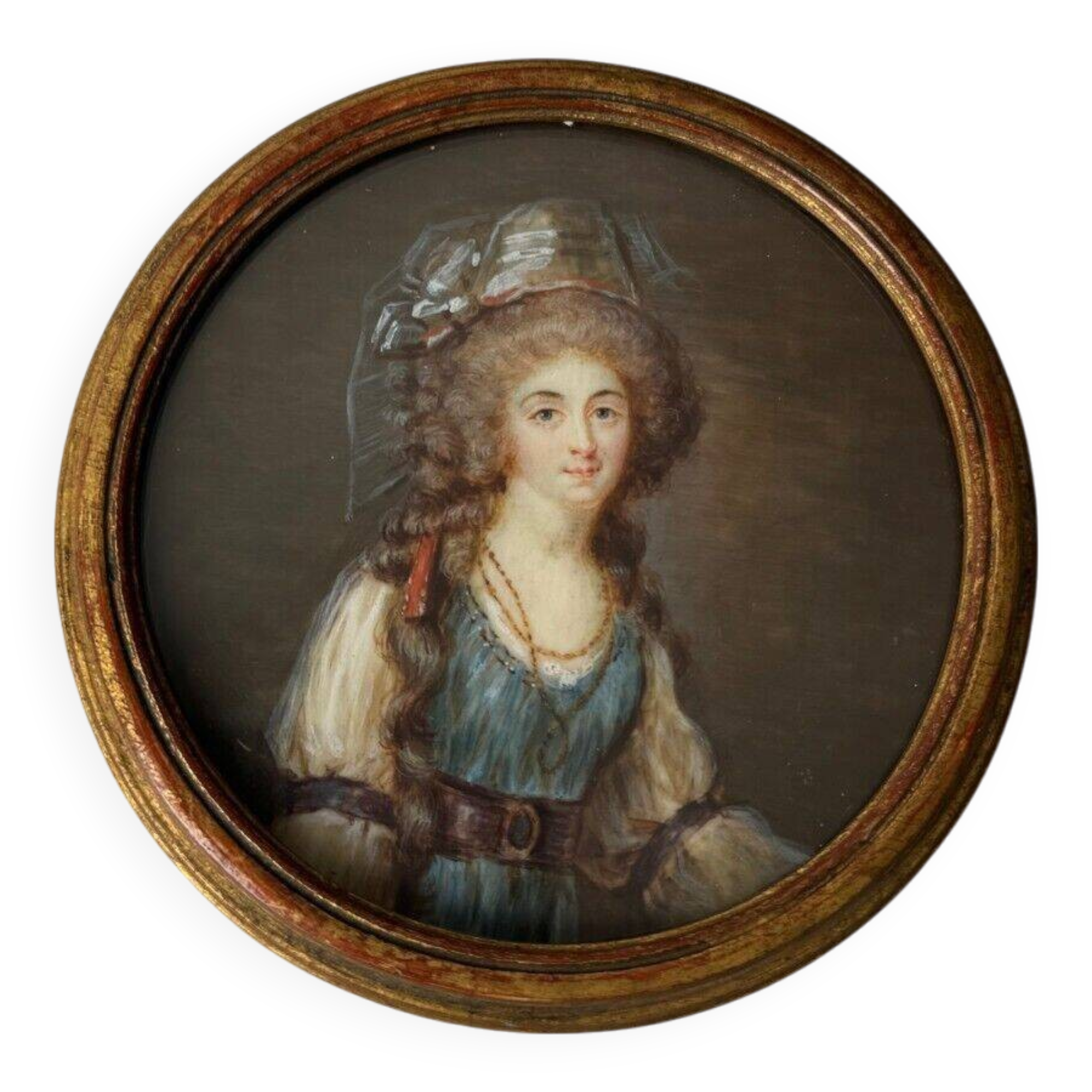 Miniature XIXe représentant une élégante du XVIIIe cadre doré