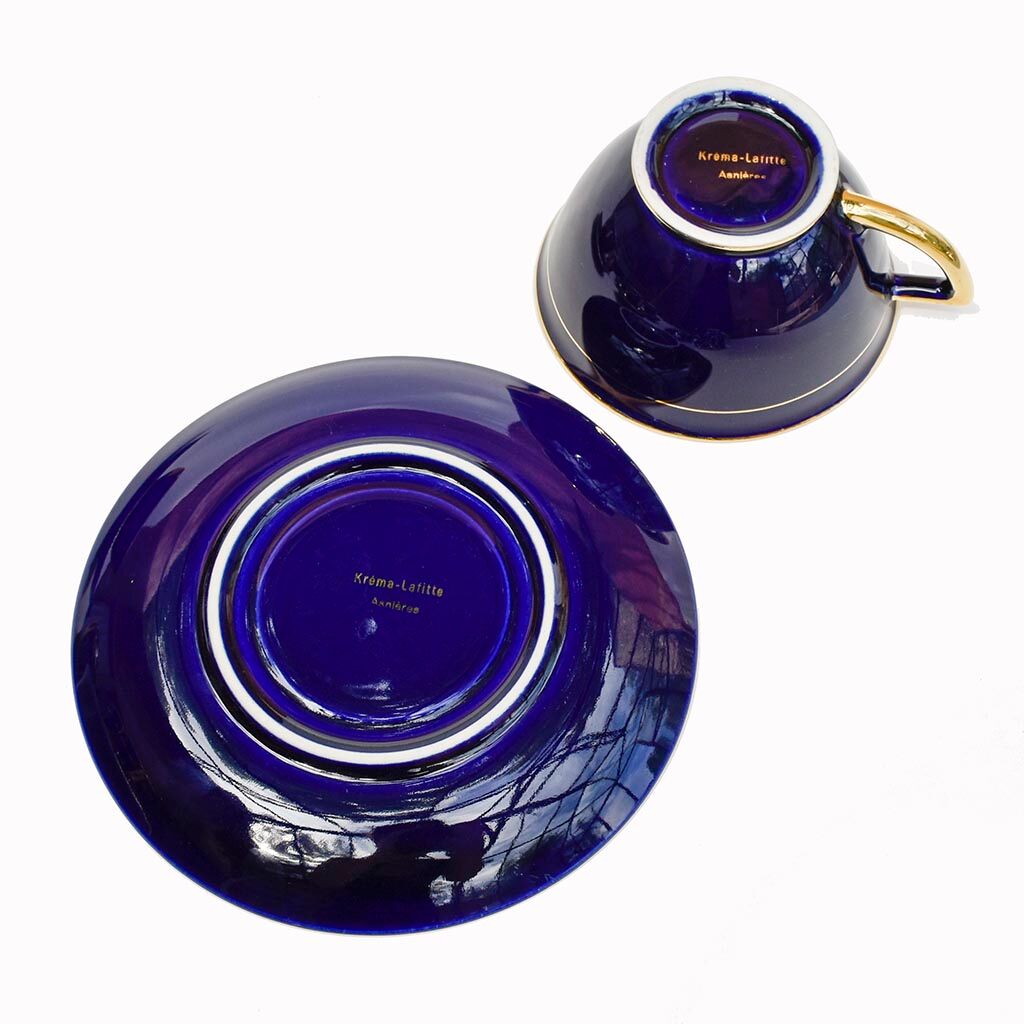 Coffee service Kréma Lafitte Asnières porcelain gold blue ⋆ Brocante Chic