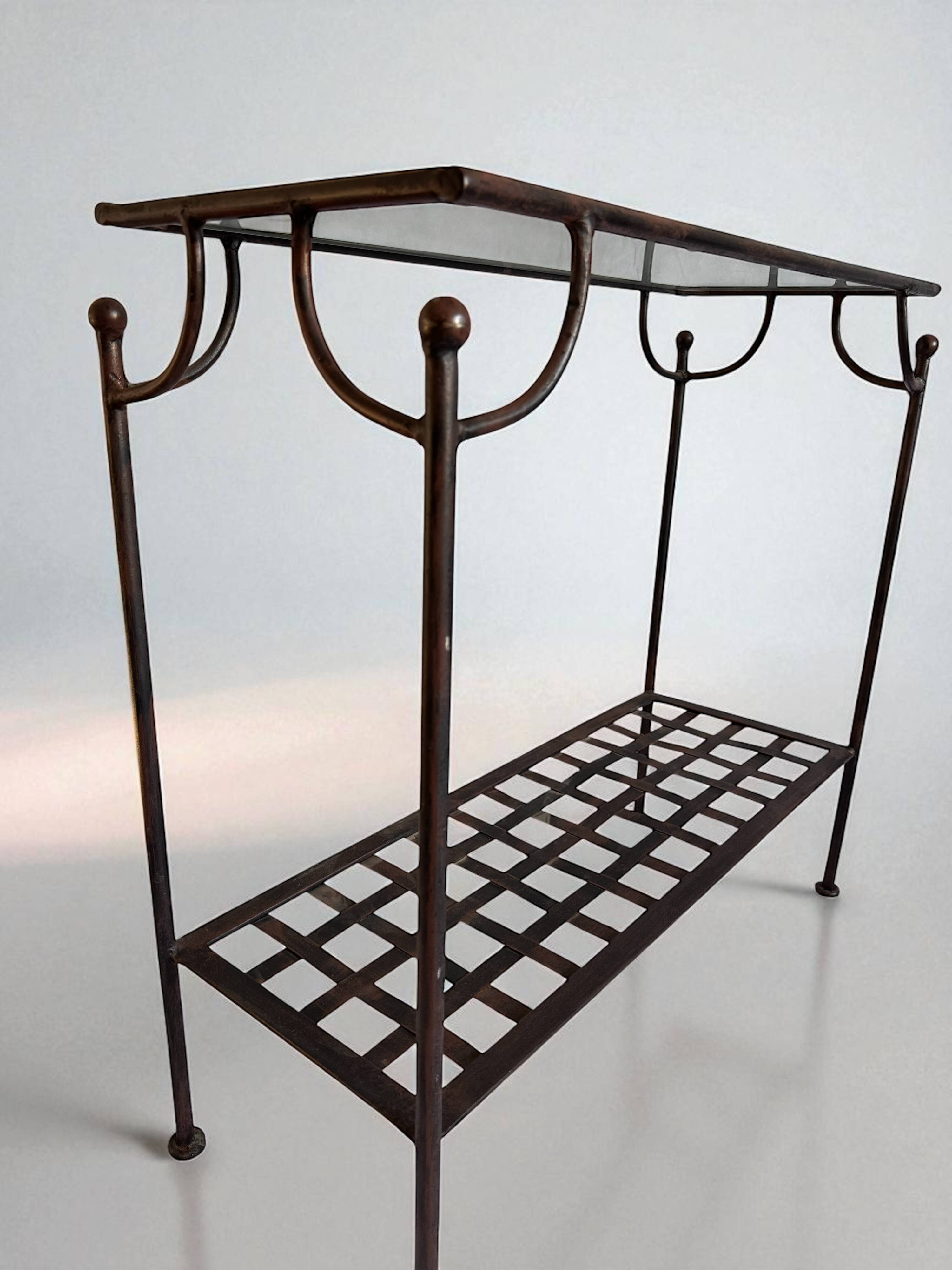 Console en fer forgé et verre, étagère treillis – vintage 70/80