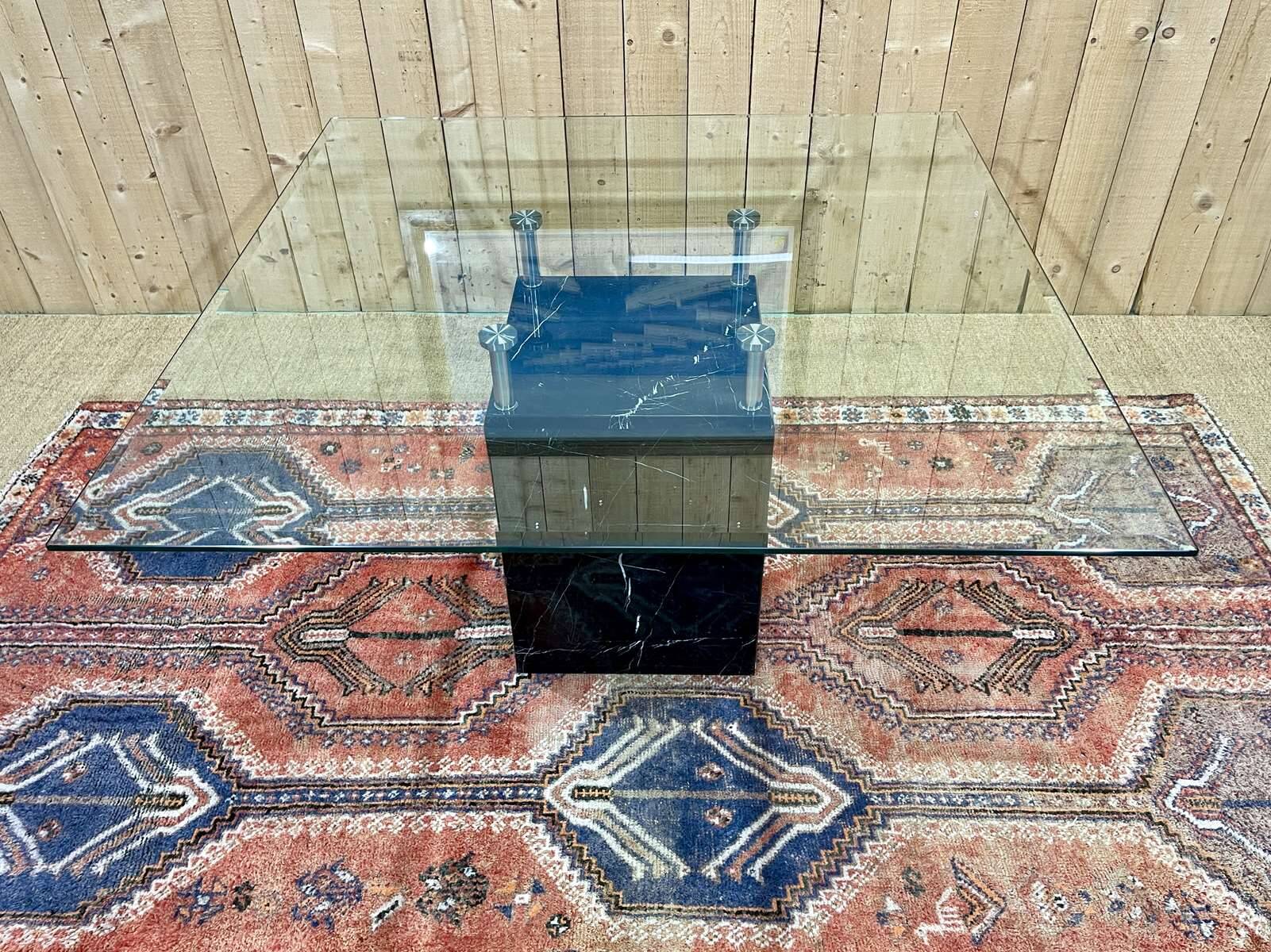 1970s square dining table, marble base and beveled glass top
