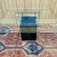 1970s square dining table, marble base and beveled glass top