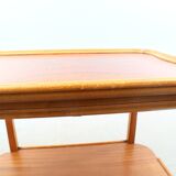 Vintage wooden and glass serving table with wheels, removable top, 1960s Sweden