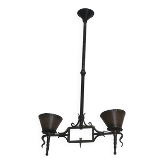 Brutalist wrought iron and copper 2-arm chandelier, 1960s