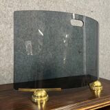 FONTANA ARTE: Écran de cheminée, pare-feu moderniste galbé en verre bleuté et laiton doré