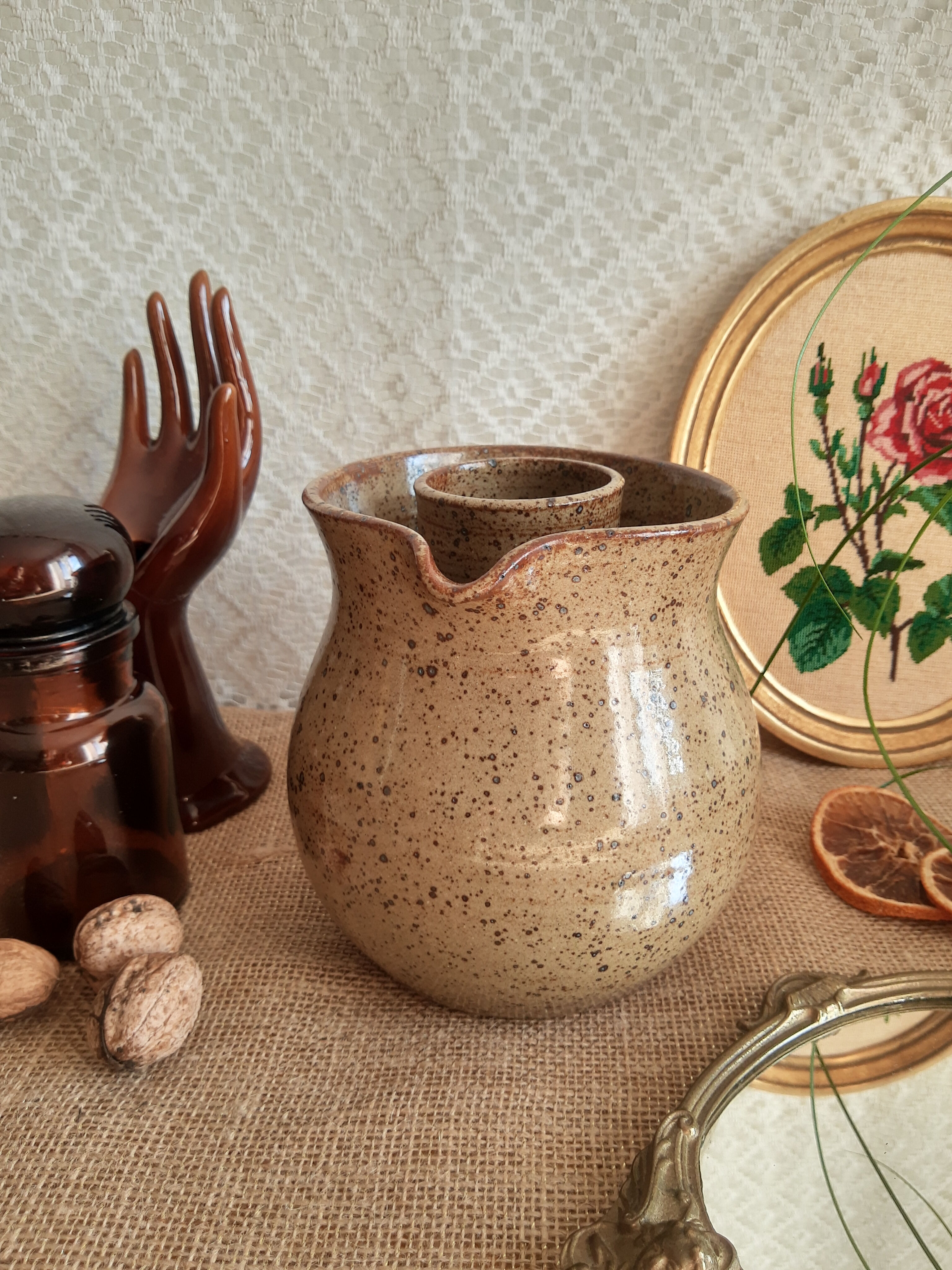 Enamelled stoneware decanter / pitcher with ice cube reserve - vintage