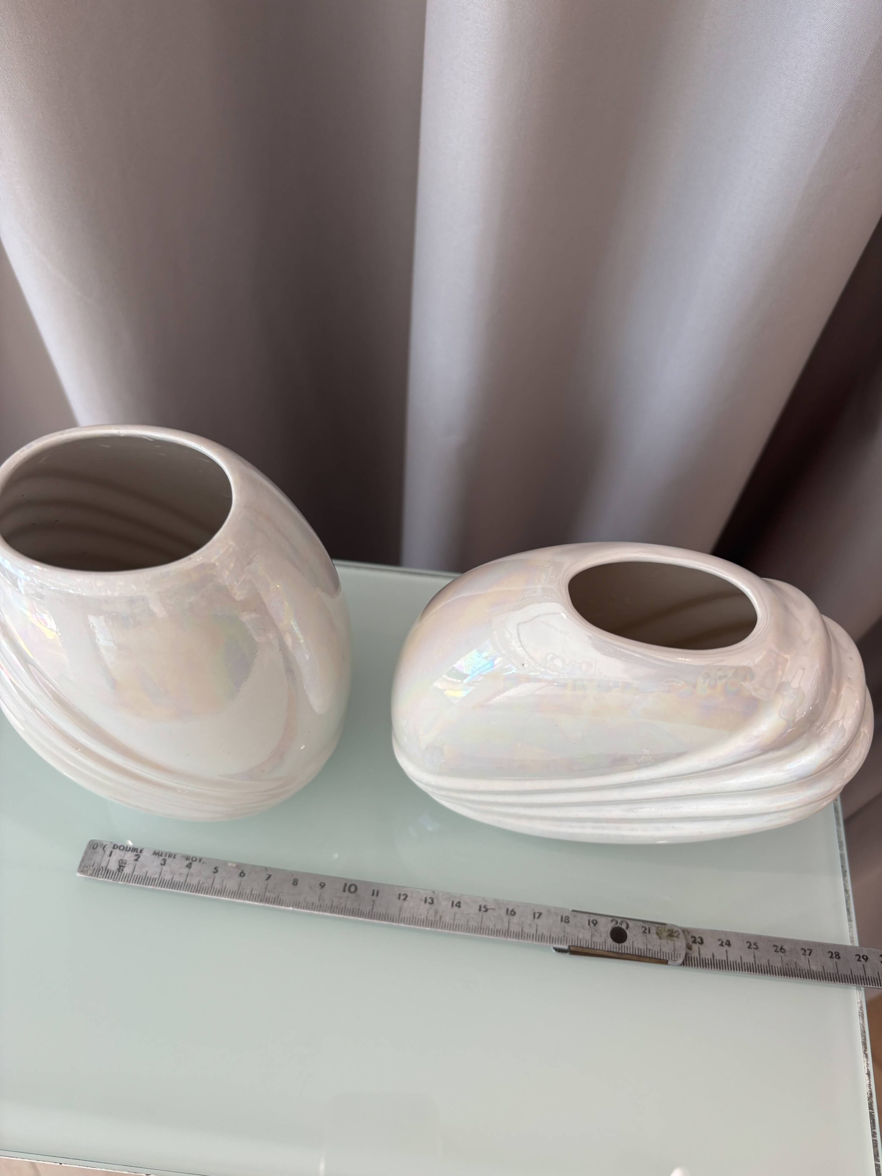 Pair of vintage iridescent white ceramic vases