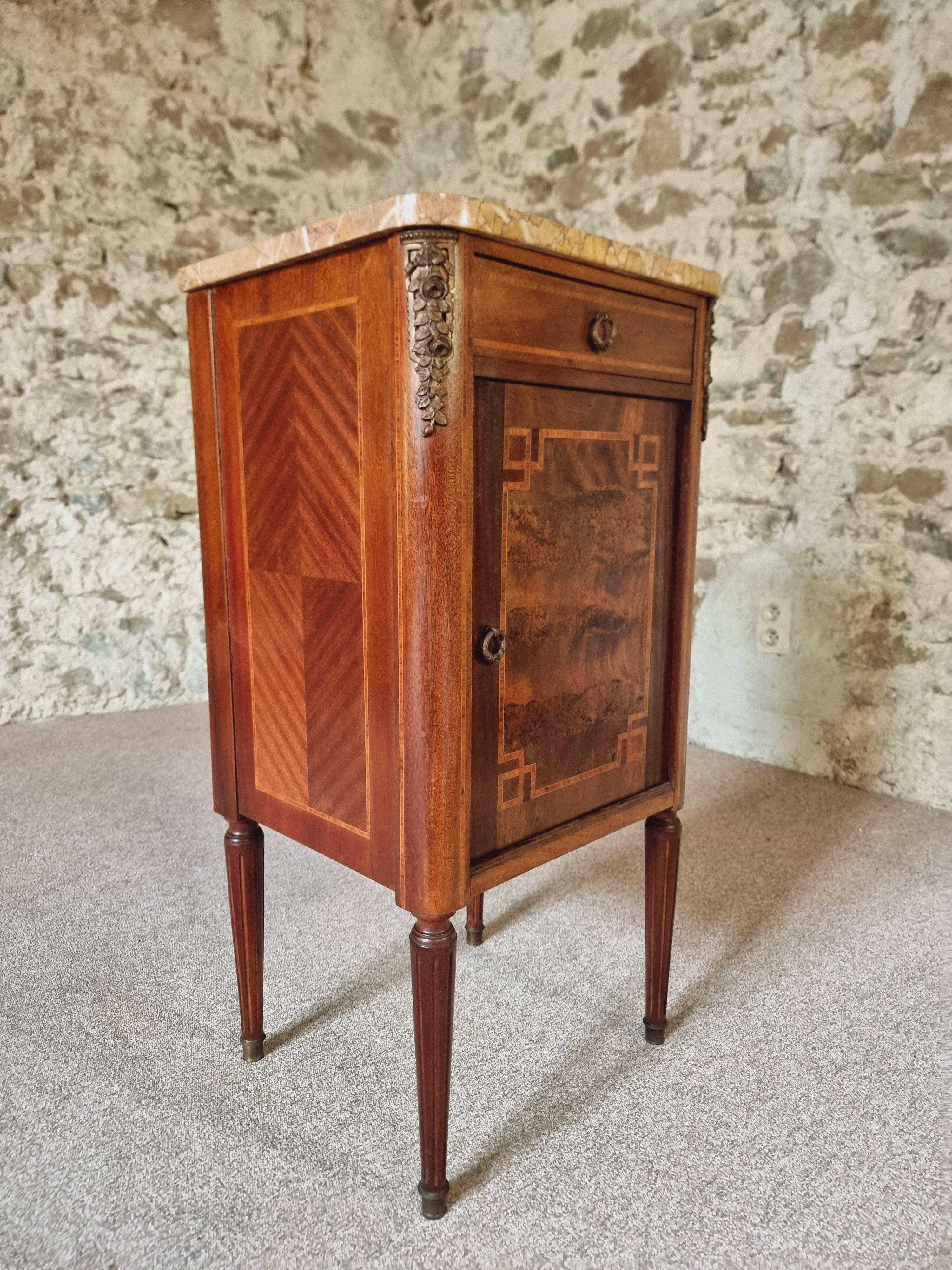 Antique French mahogany and walnut bedside table with marble top