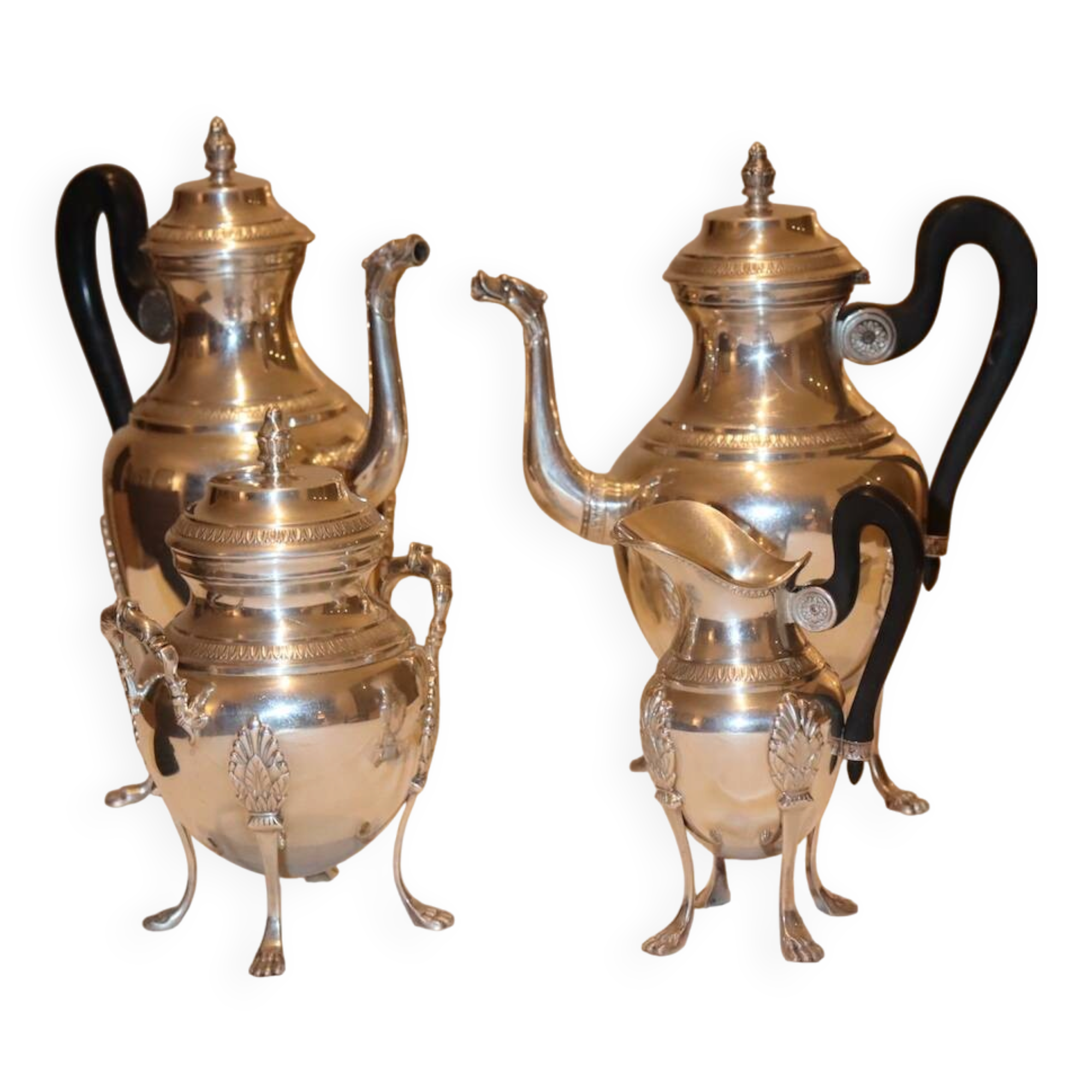 Silver-plated metal tea and coffee service in Empire style.