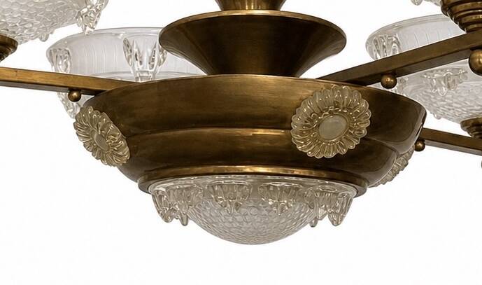 Lustre art déco signé ezan en pâte de verre et cuivre