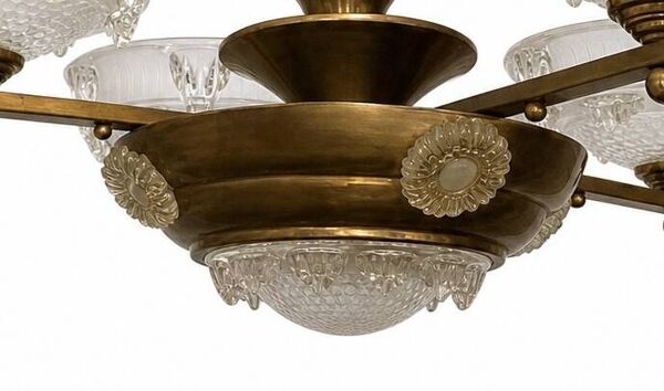 Lustre art déco signé ezan en pâte de verre et cuivre