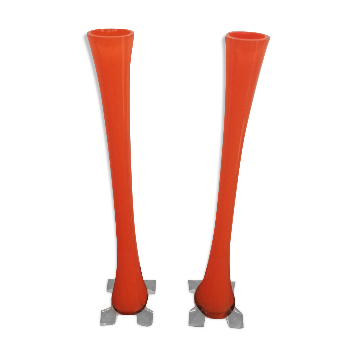Pair of soliflores vases in orange glass