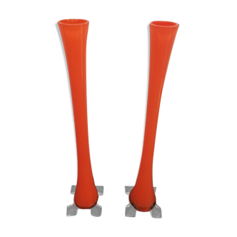 Paire de soliflores en verre orange