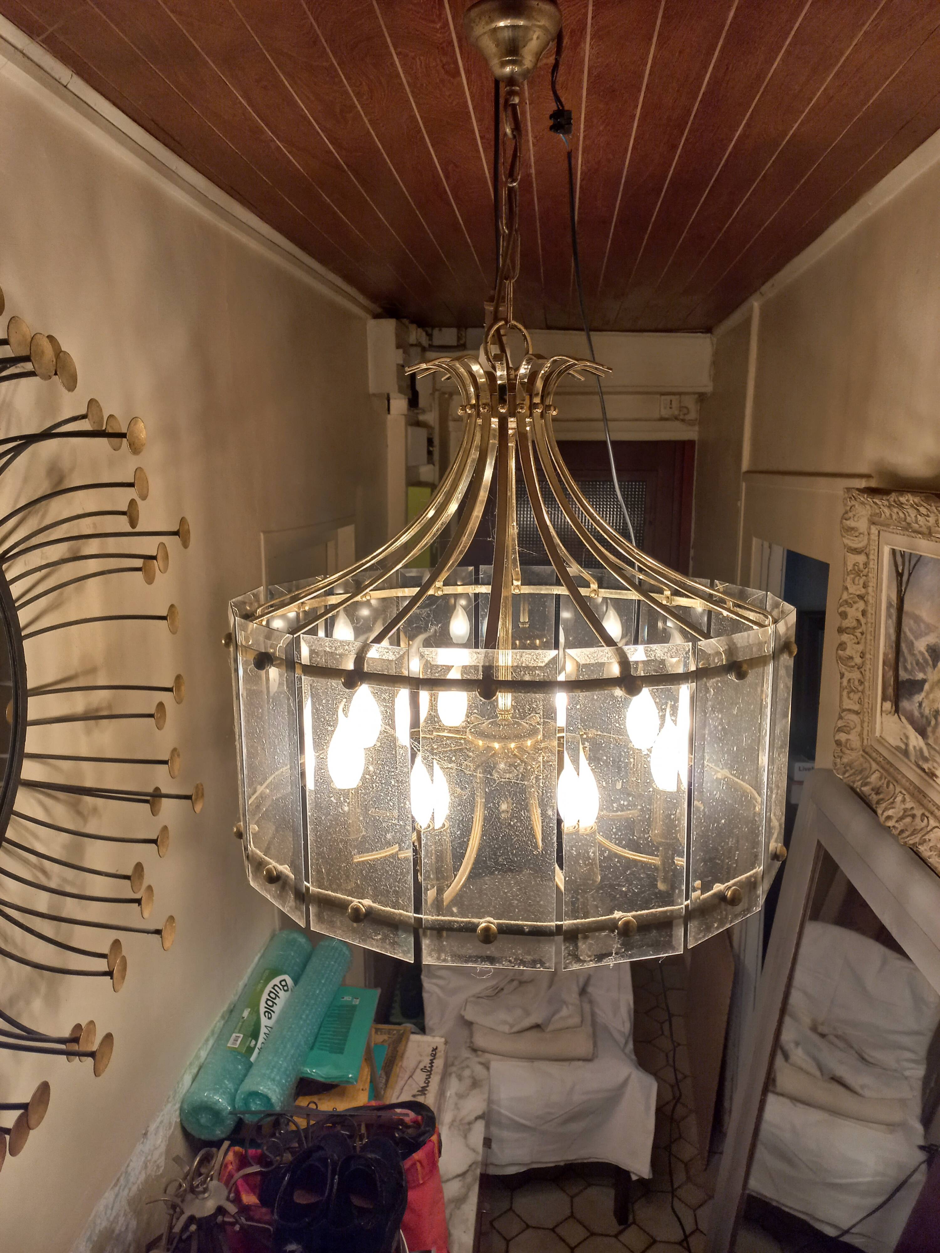 70s designer chandelier with smoked glass plates and gold metal frame