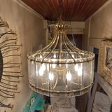 70s designer chandelier with smoked glass plates and gold metal frame