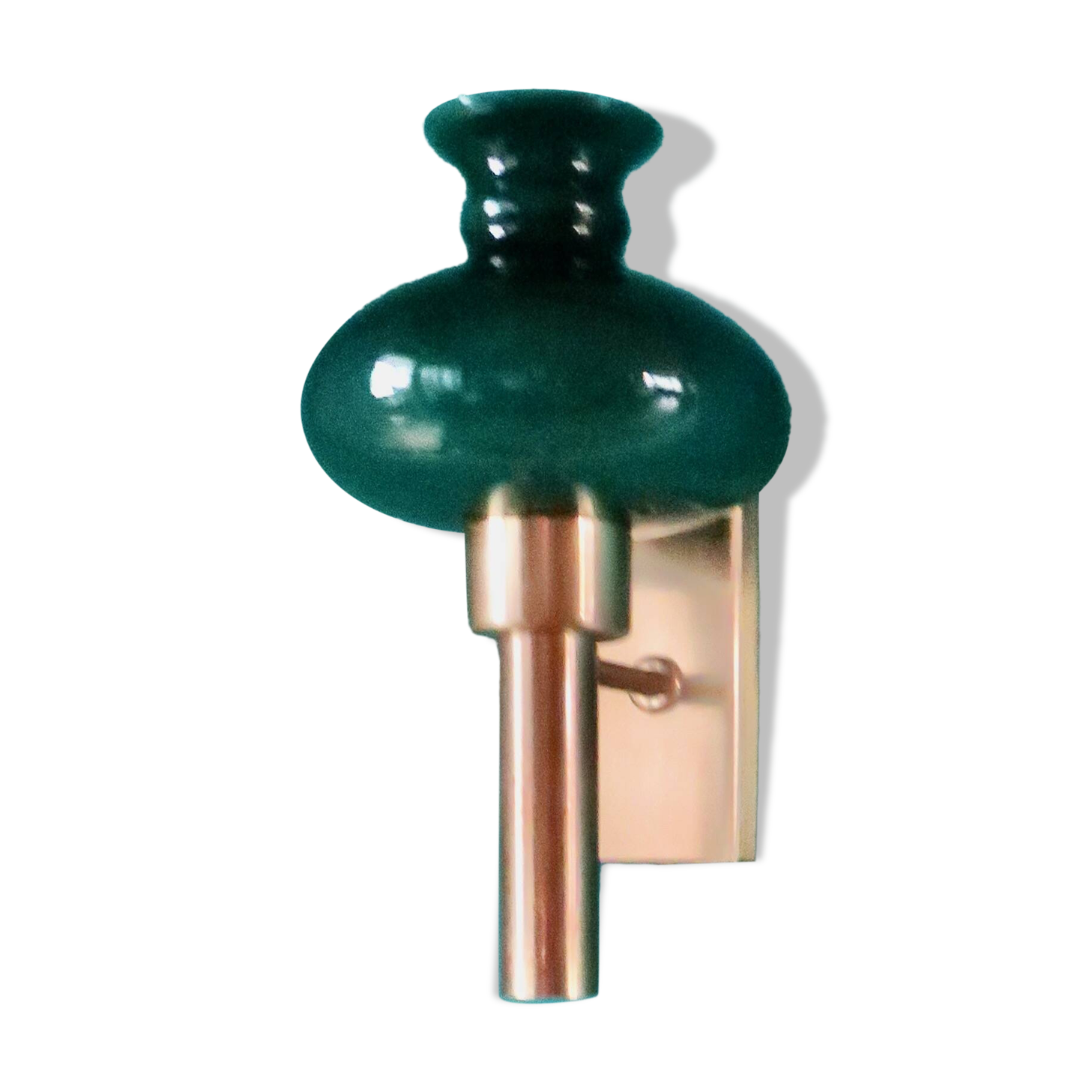 Brushed brass wall light with green glass shade "Vitrika". Denmark 1980
