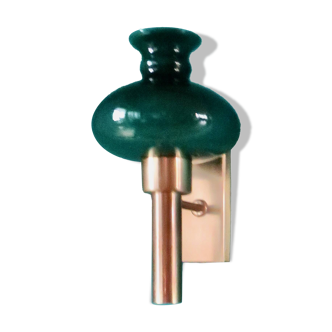 Brushed brass wall lamp with "Vitrika" green glass shade. Denmark 1980