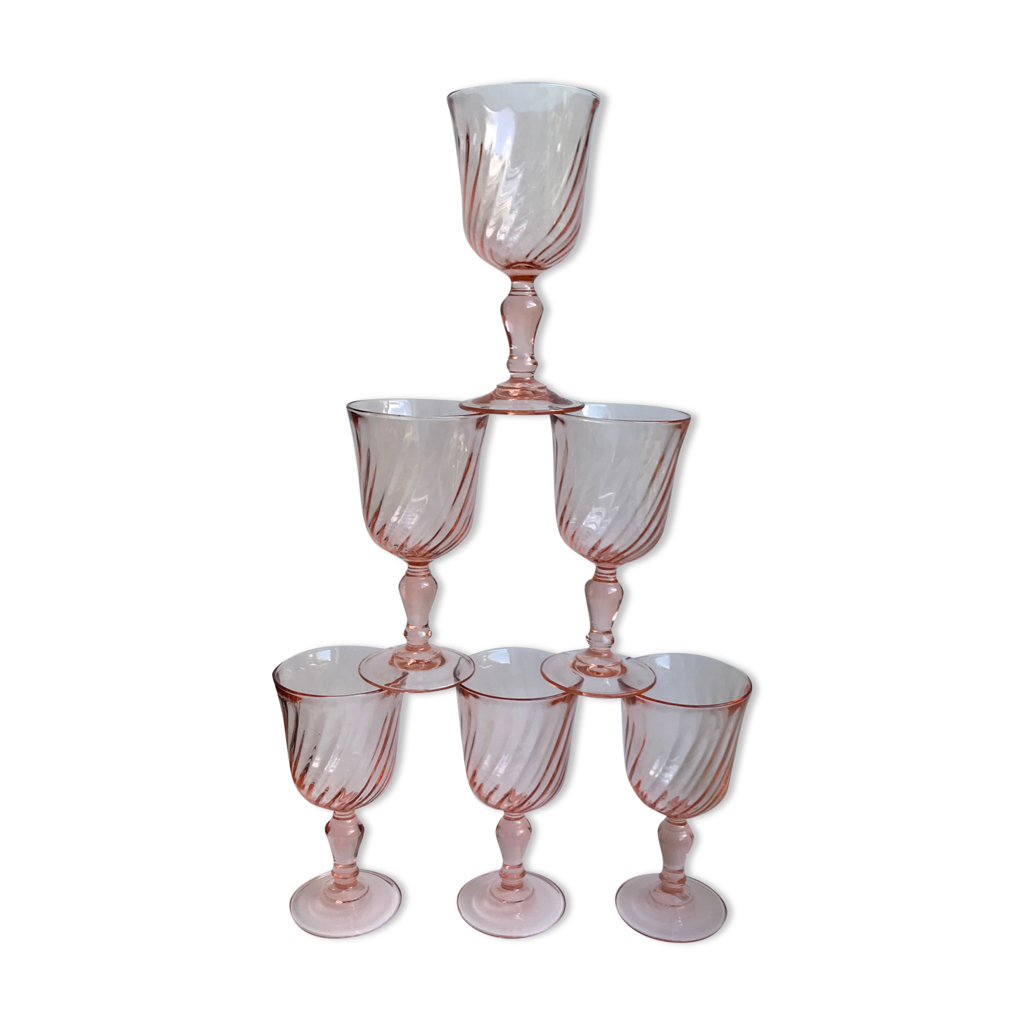 Set of 6 vintage Rosaline twisted pink glass wine glasses