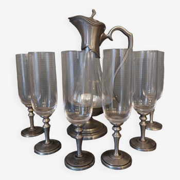 Carafe service 6 flutes in crystal and pewter