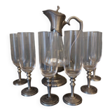 Carafe service 6 crystal and pewter flutes