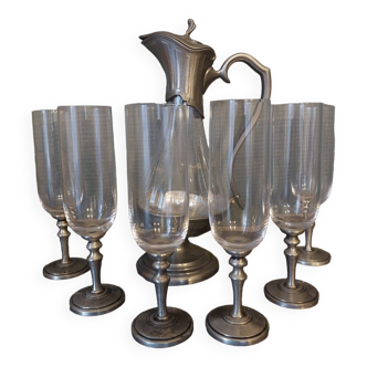 Carafe service 6 flutes in crystal and pewter