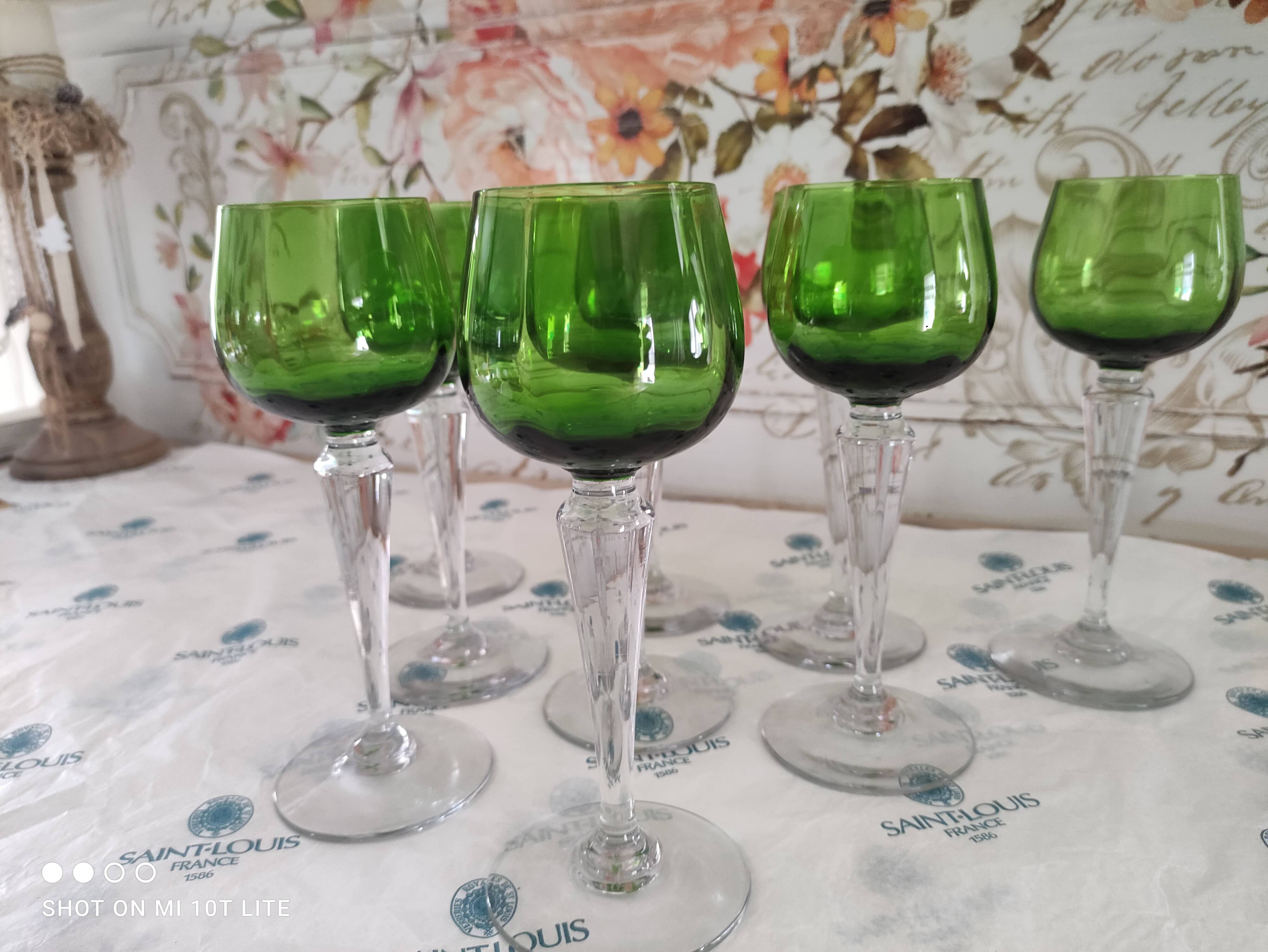 Set of 9 unstamped Saint-Louis wine glasses drinking Chartreuse green