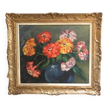 Huile ancienne sur toile bouquet de fleurs Zinnias