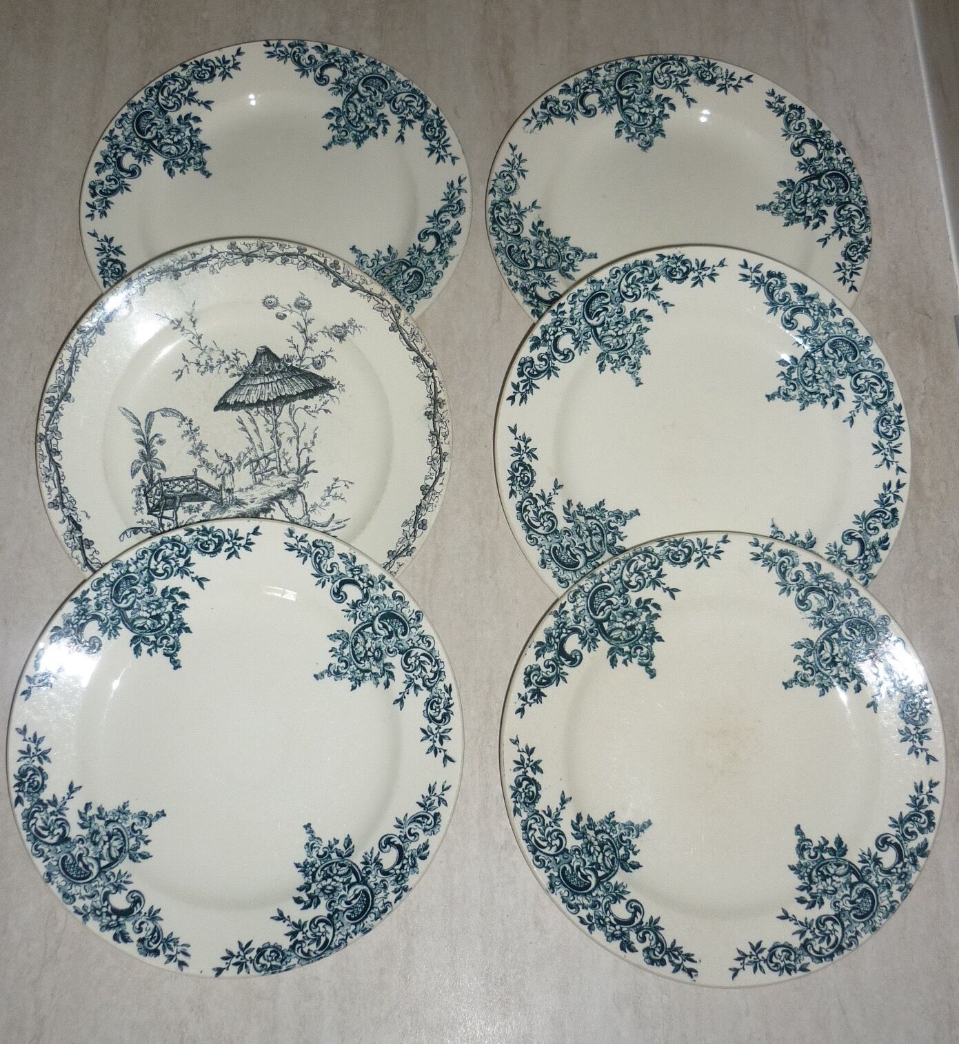 Set of 6 antique earthenware plates with blue and white decoration