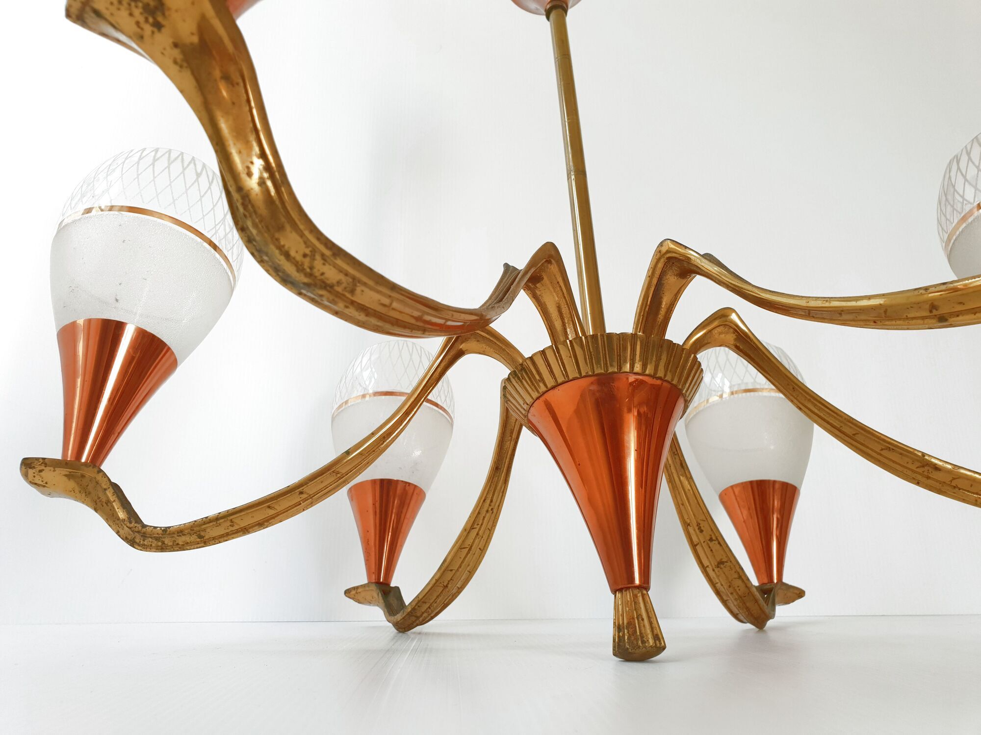 Lustre 1950 en laiton et cuivre vintage