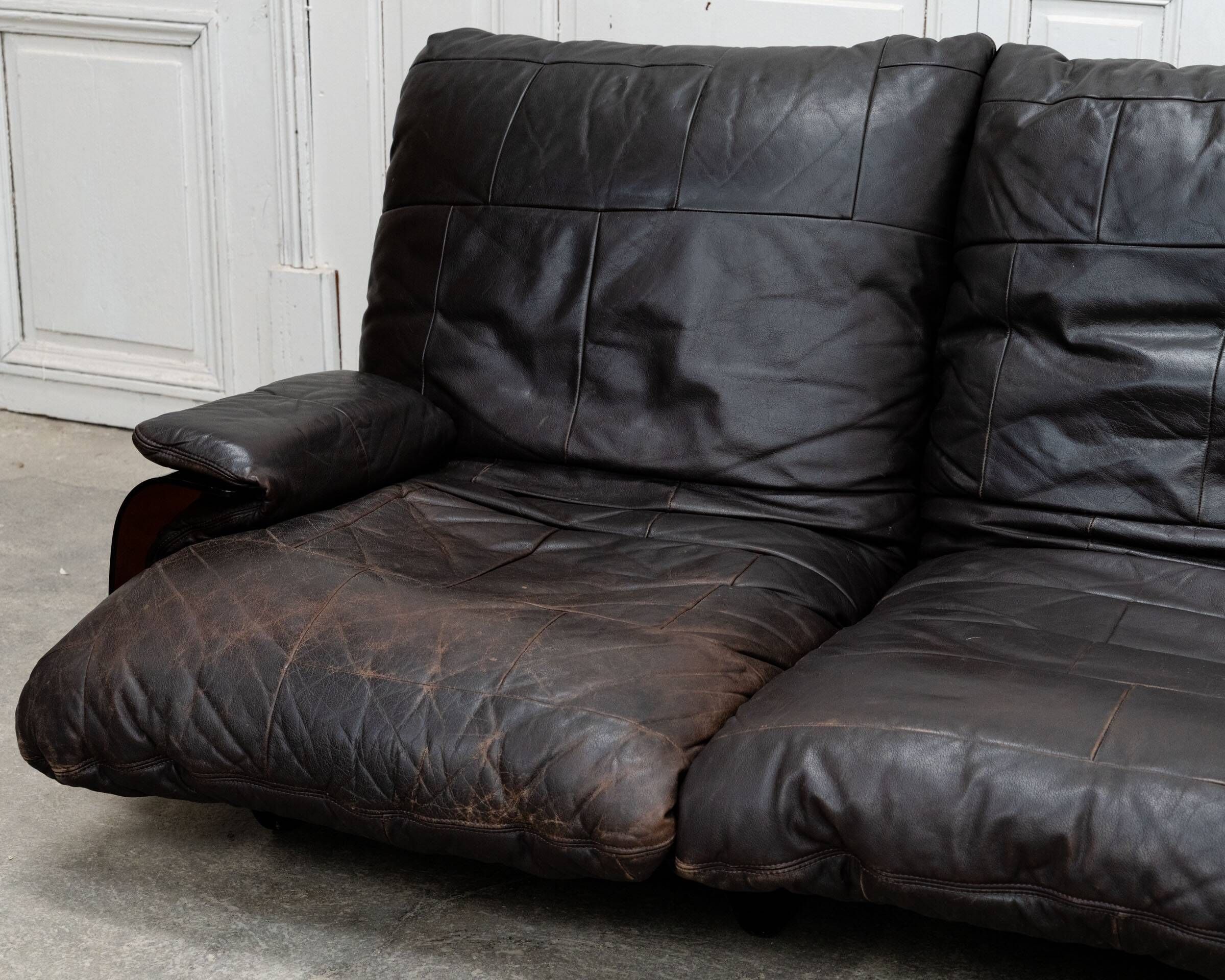 Canapé vintage Marsala pour Ligne Roset en cuir marron, 1980