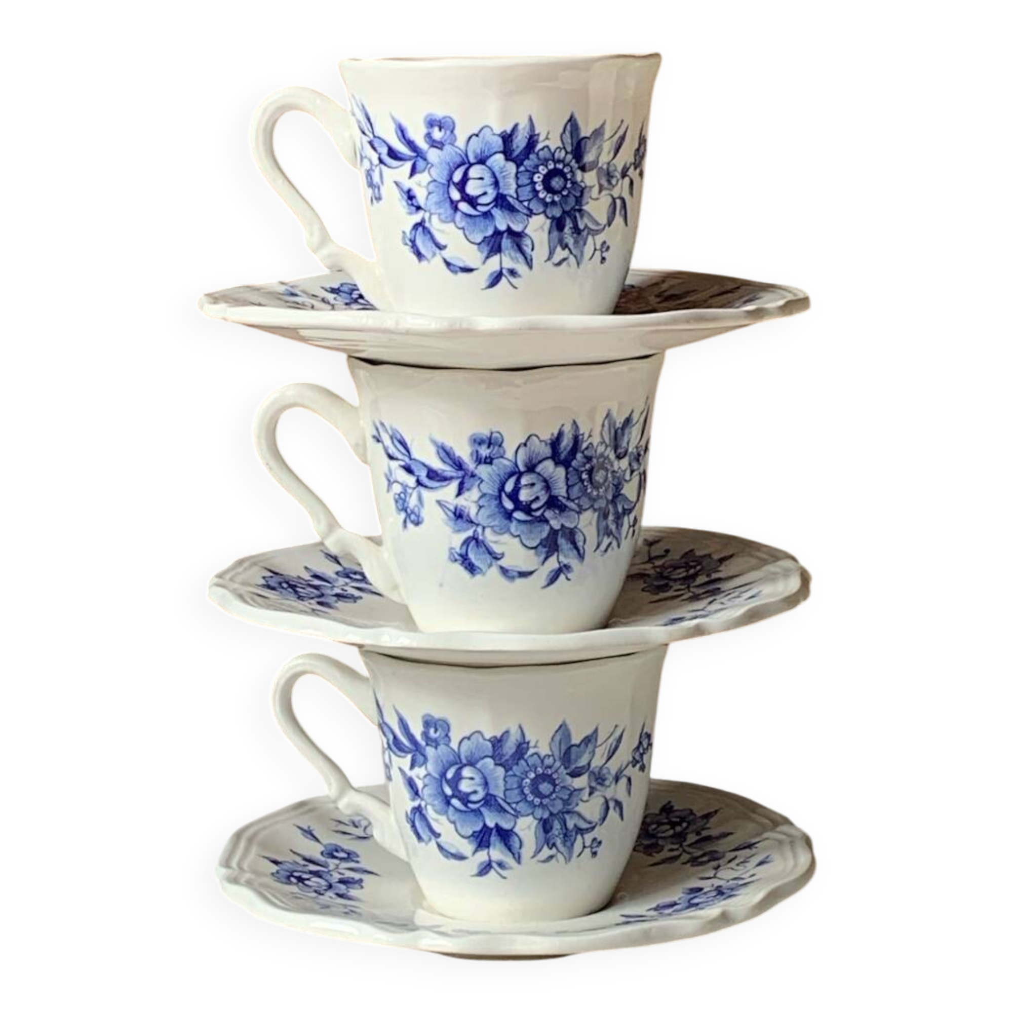 Three antique blue coffee cups from Sarreguemines, France