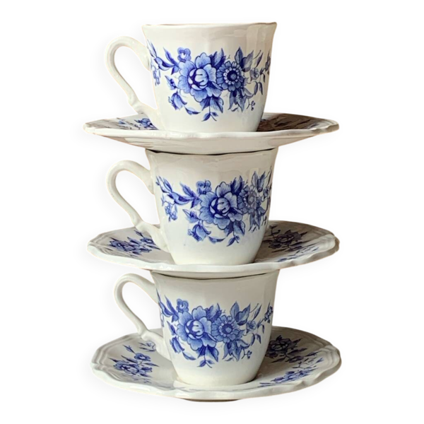 3 tasses à café anciennes bleues Sarreguemines France