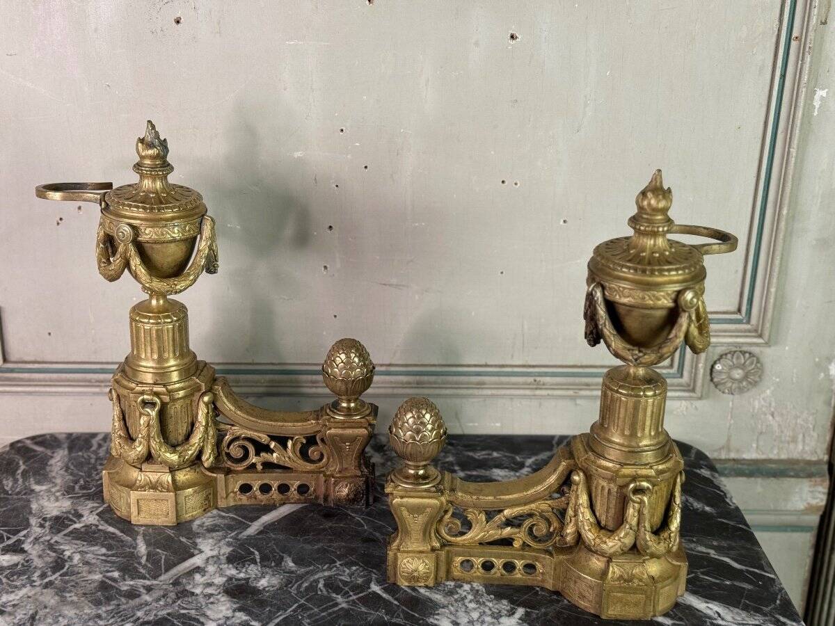 Pair of Louis XVI Style Gilt Bronze Andirons, 19th Century