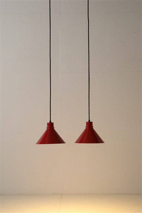 Set of 2 Nordisk Solar Compagni “Super Space” pendant lights, red, small version, Danish modern design, 1970s