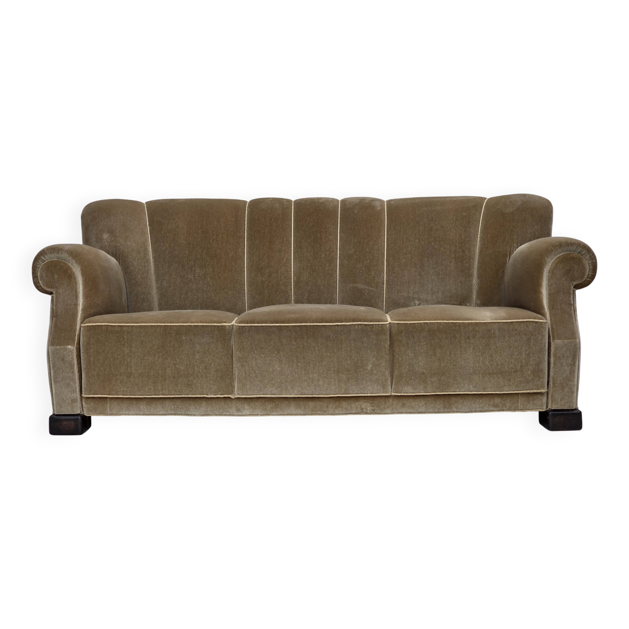 1960s, Danish 3-seater sofa, green furniture velour, oak wood legs.