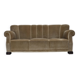 1960s, Danish 3-seater sofa, green furniture velour, oak wood legs.