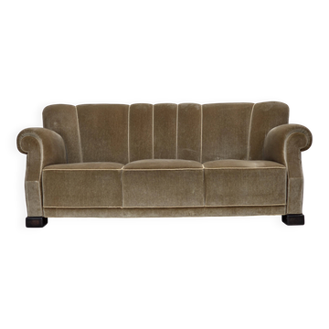 1960s, Danish 3-seater sofa, green furniture velour, oak wood legs.